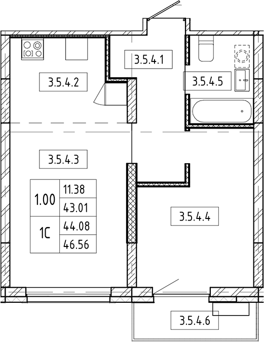 Планировка 2е-к.кв 43.01 м² в ЖК «Европейский берег»