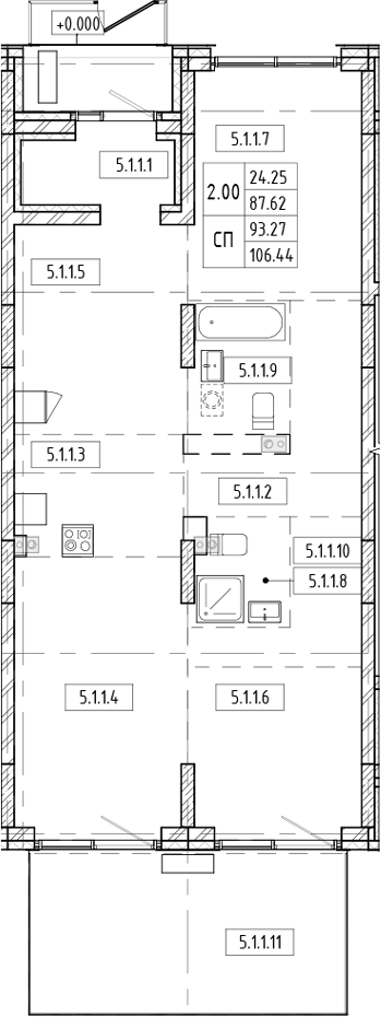 Планировка своб. план. 106.44 м² в ЖК «Европейский берег»
