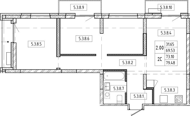 Планировка 3е-к.кв 69.53 м² в ЖК «Европейский берег»