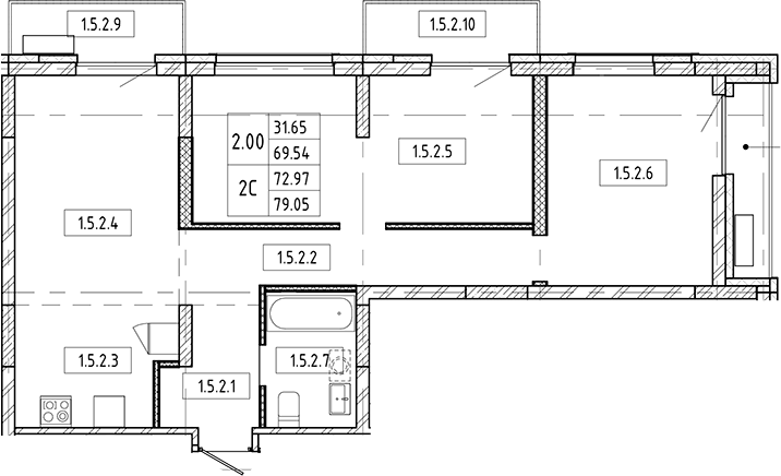Планировка 3е-к.кв 69.54 м² в ЖК «Европейский берег»