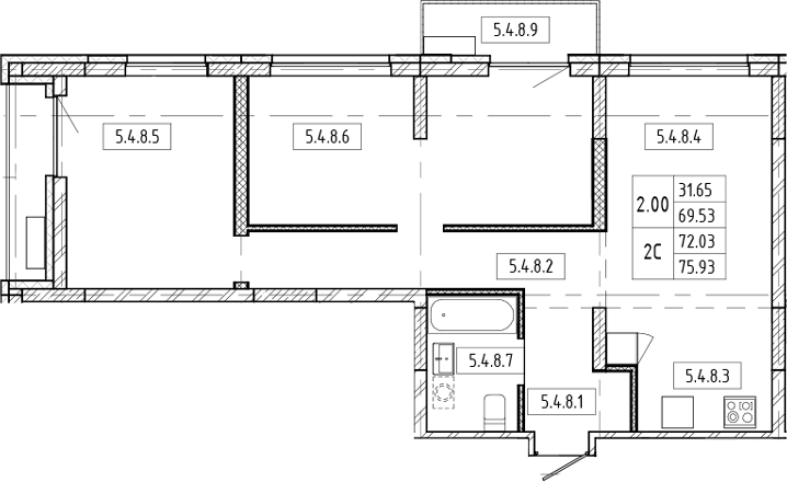 Планировка 3е-к.кв 69.53 м² в ЖК «Европейский берег»