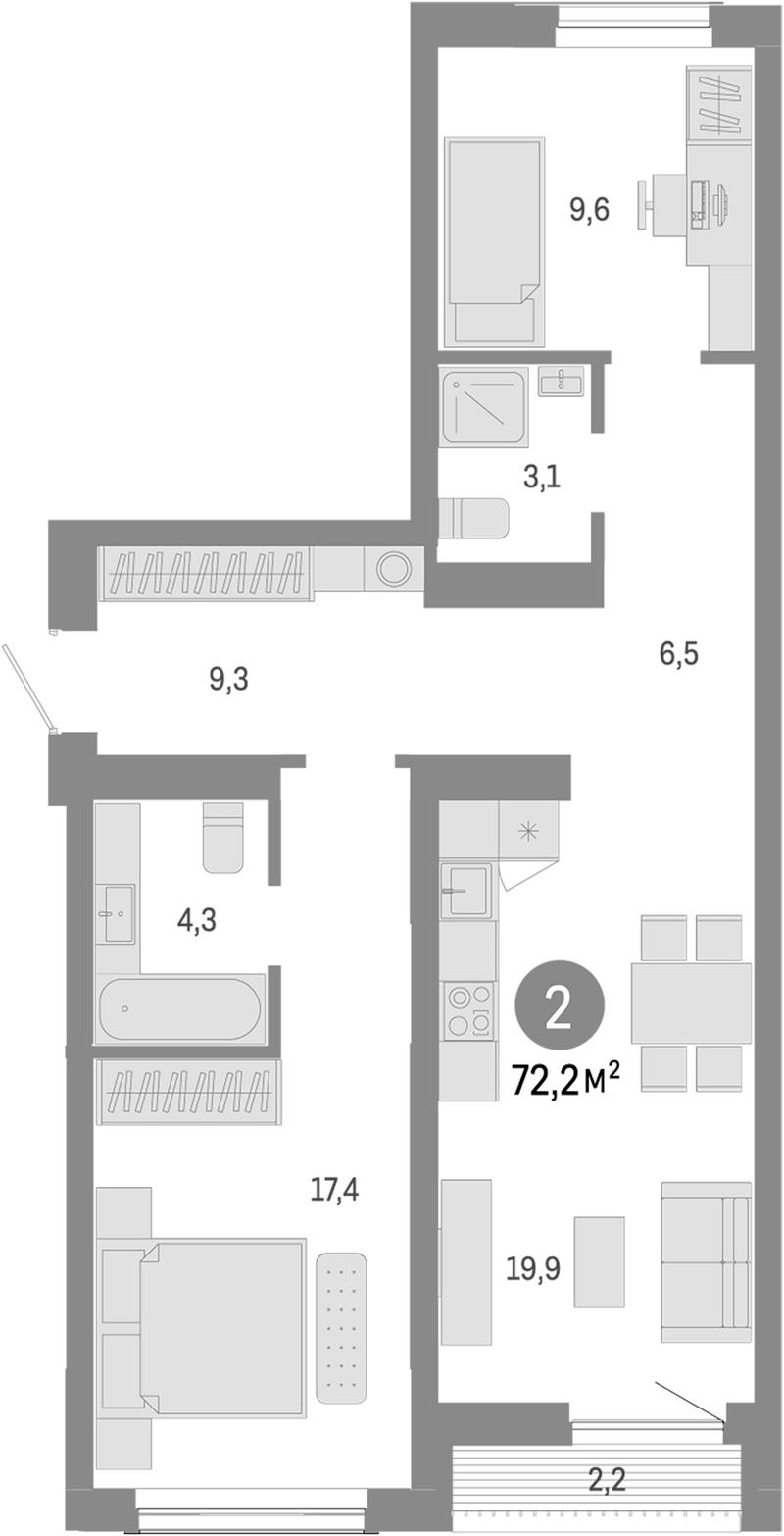 Планировка 3е-к. квартира 70.10 м² в ЖК «Европейский берег»