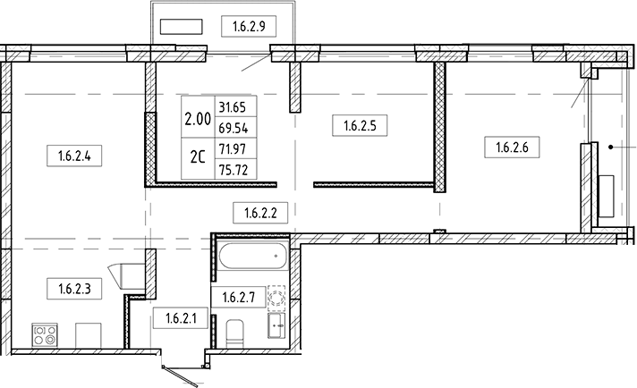 Планировка 3е-к.кв 69.54 м² в ЖК «Европейский берег»