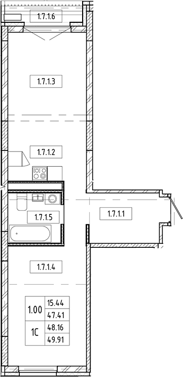 Планировка 2е-к.кв 47.41 м² в ЖК «Европейский берег»