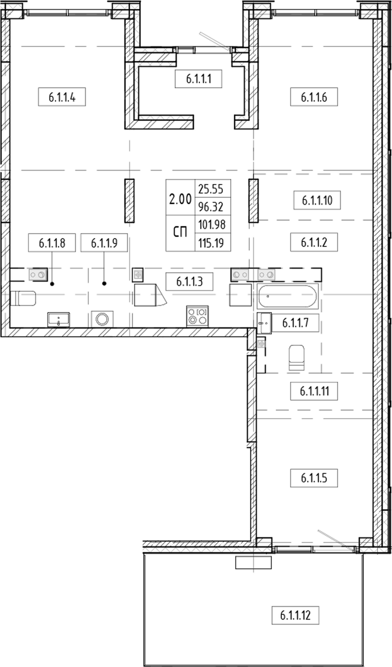 Планировка своб. план. 96.32 м² в ЖК «Европейский берег»