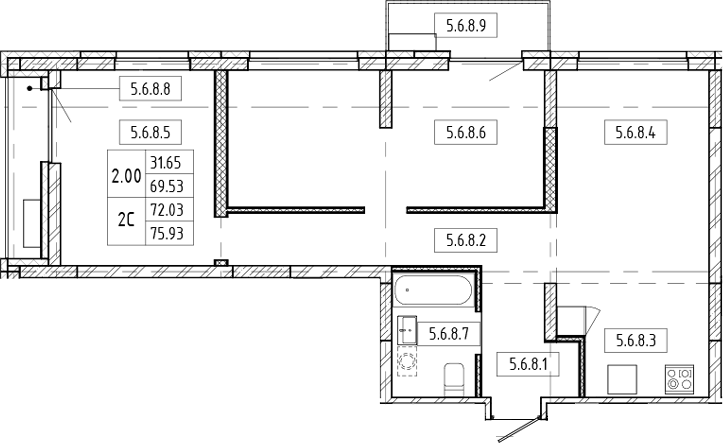 Планировка 3е-к.кв 69.53 м² в ЖК «Европейский берег»