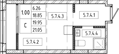 Планировка студии 18.85 м² в ЖК «Европейский берег»