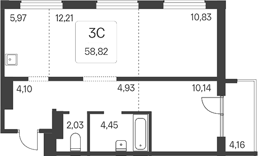 Планировка 3е-к.кв 54.66 м² в ЖК «Эко-квартал на Кедровой»