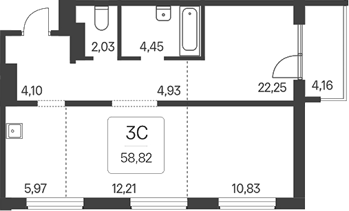 Планировка 3е-к.кв 54.66 м² в ЖК «Эко-квартал на Кедровой»