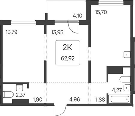 Планировка 2-к. квартира 58.82 м² в ЖК «Эко-квартал на Кедровой»