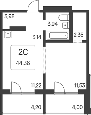 Планировка 2е-к.кв 36.16 м² в ЖК «Эко-квартал на Кедровой»