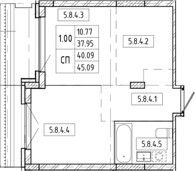 Планировка своб. план. 43.10 м² в ЖК «Европейский берег»