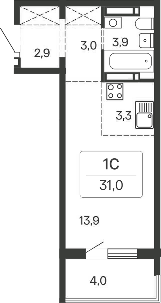 Планировка студии 27.00 м² в ЖК «Квартал Сосновый Бор»