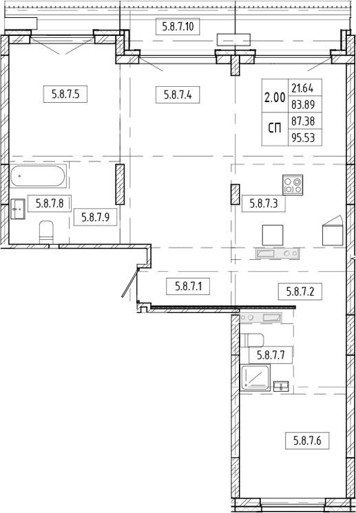 Планировка своб. план. 95.39 м² в ЖК «Европейский берег»