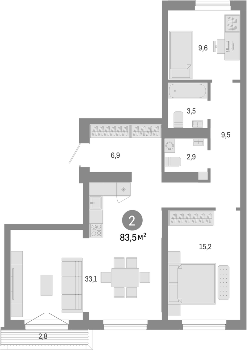 Планировка 3е-к.кв 80.70 м² в ЖК «Европейский берег»