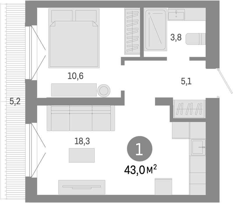 Планировка 2е-к.кв 37.80 м² в ЖК «Европейский берег»