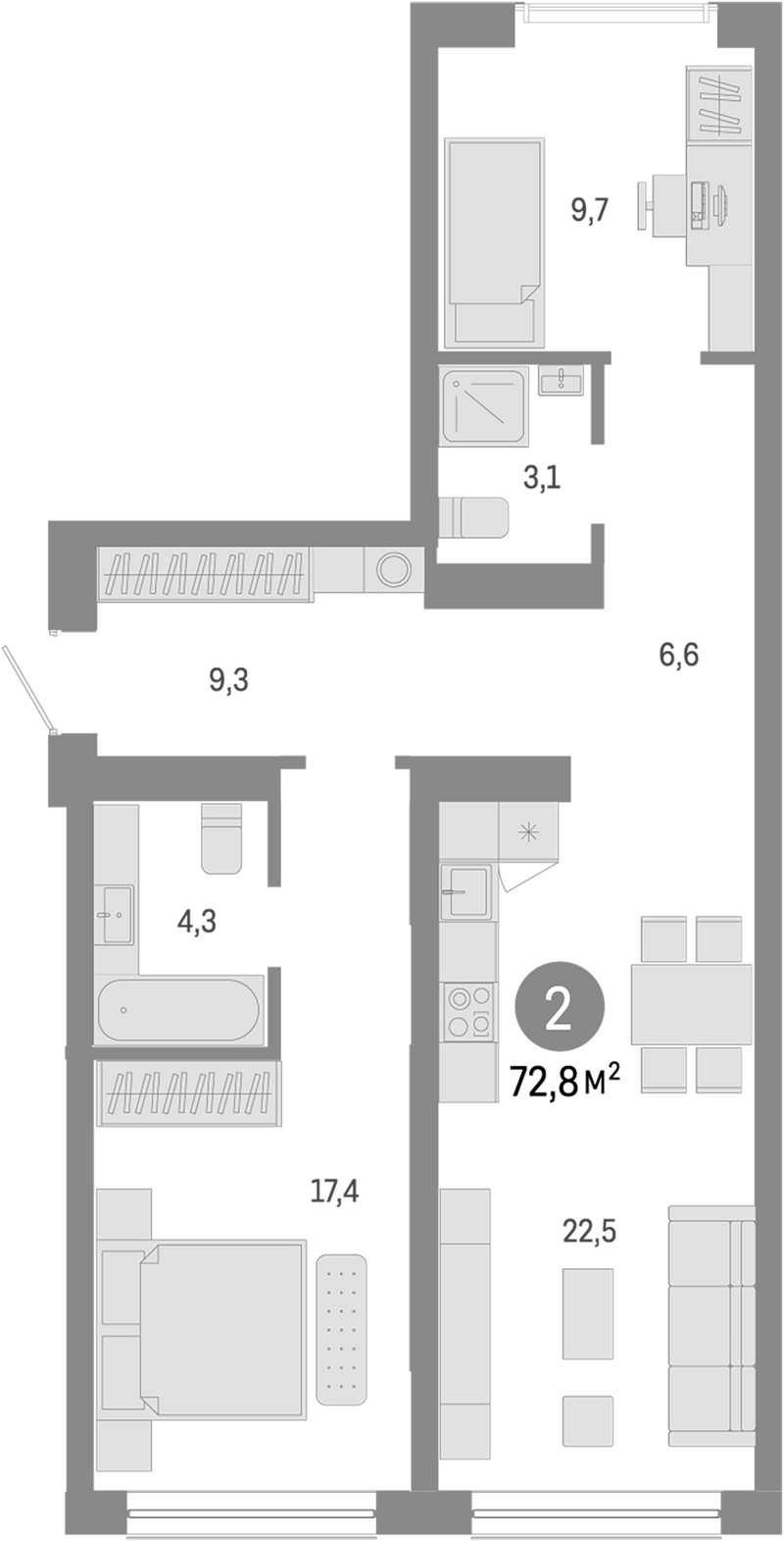 Планировка 3е-к.кв 72.80 м² в ЖК «Европейский берег»