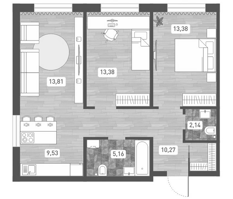 Планировка 3е-к.кв 67.67 м² в ЖК «Радуга Сибири»
