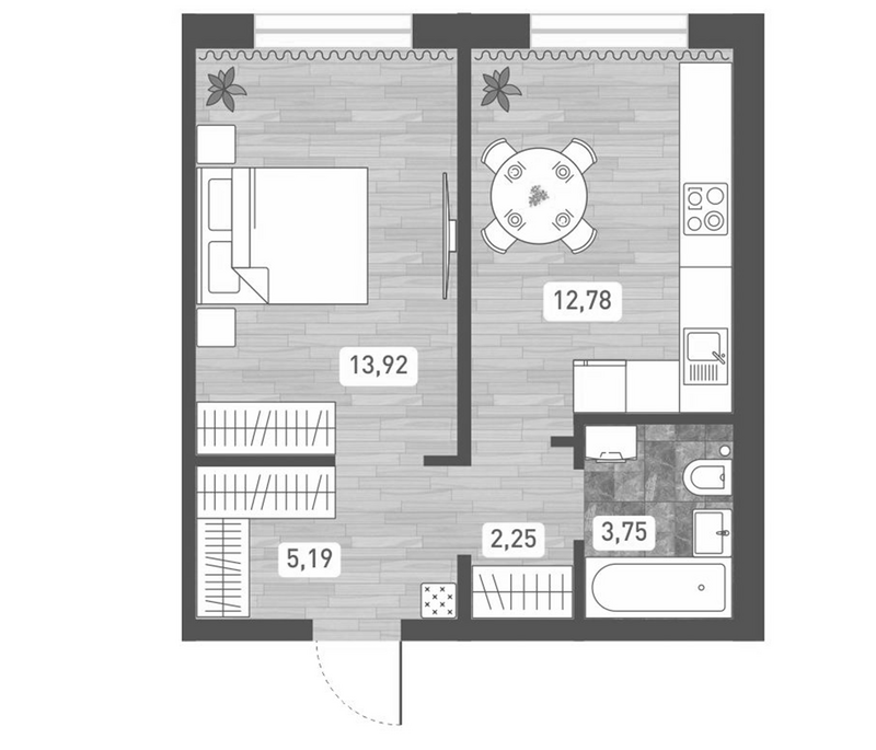 Планировка 1-к. квартира 37.89 м² в ЖК «Радуга Сибири»