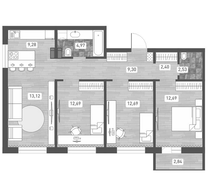 Планировка 4е-к.кв 79.67 м² в ЖК «Радуга Сибири»
