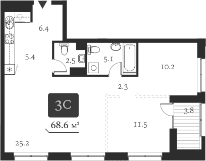 Планировка 3е-к.кв 71.50 м² в ЖК «Нобель»