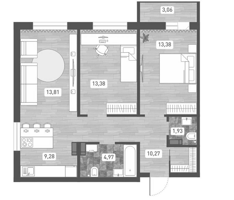 Планировка 3е-к.кв 67.02 м² в ЖК «Радуга Сибири»