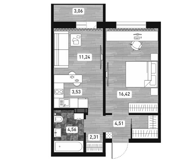 Планировка 2е-к. квартира 42.57 м² в ЖК «Радуга Сибири»