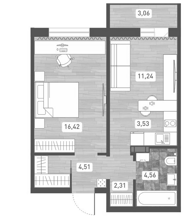 Планировка 2е-к. квартира 42.57 м² в ЖК «Радуга Сибири»