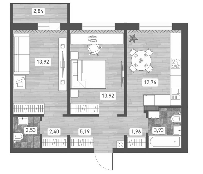 Планировка 2-к. квартира 56.61 м² в ЖК «Радуга Сибири»