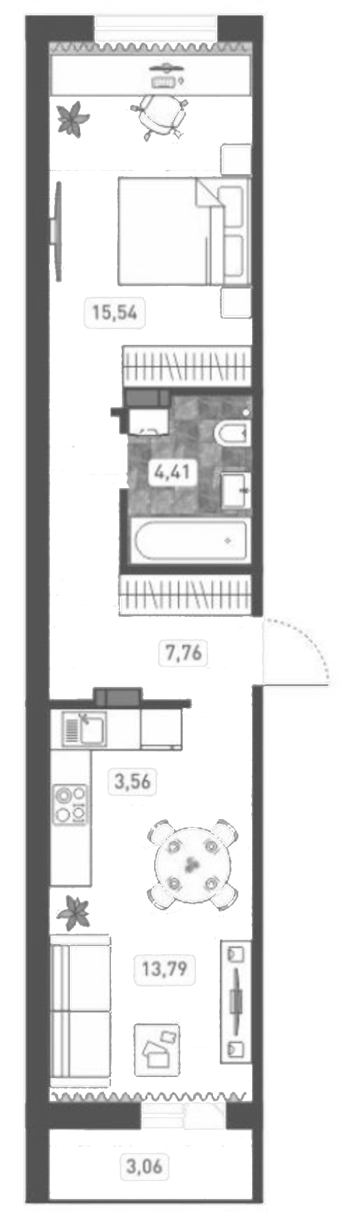 Планировка 2е-к. квартира 45.06 м² в ЖК «Радуга Сибири»