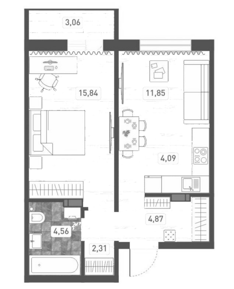 Планировка 2е-к. квартира 43.52 м² в ЖК «Радуга Сибири»
