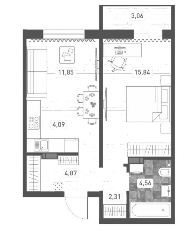 Планировка 2е-к. квартира 43.52 м² в ЖК «Радуга Сибири»