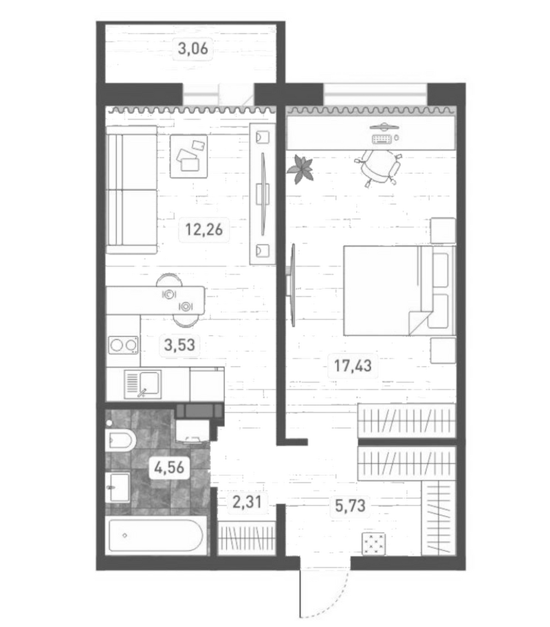 Планировка 2е-к.кв 45.82 м² в ЖК «Радуга Сибири»