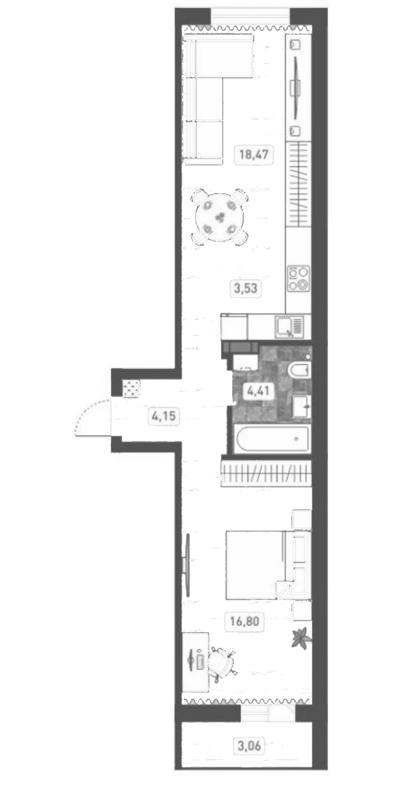Планировка 2е-к.кв 47.36 м² в ЖК «Радуга Сибири»