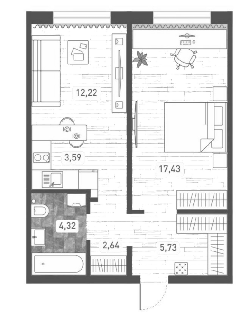 Планировка 2е-к.кв 45.93 м² в ЖК «Радуга Сибири»