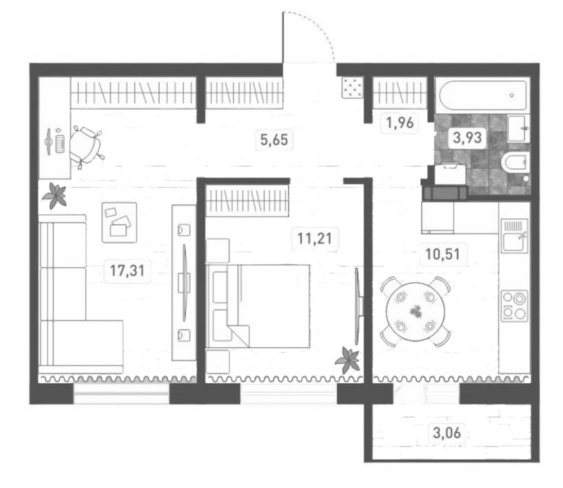 Планировка 2-к. квартира 50.57 м² в ЖК «Радуга Сибири»