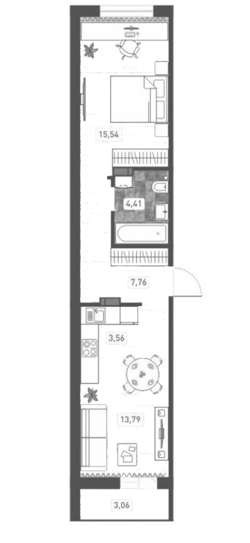 Планировка 2е-к.кв 45.06 м² в ЖК «Радуга Сибири»