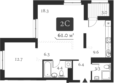 Планировка 2е-к.кв 62.30 м² в ЖК «Нобель»