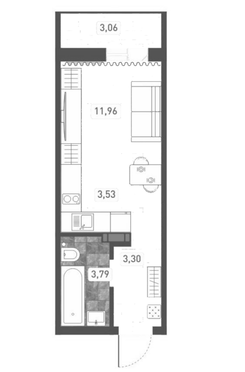 Планировка студия 22.58 м² в ЖК «Радуга Сибири»