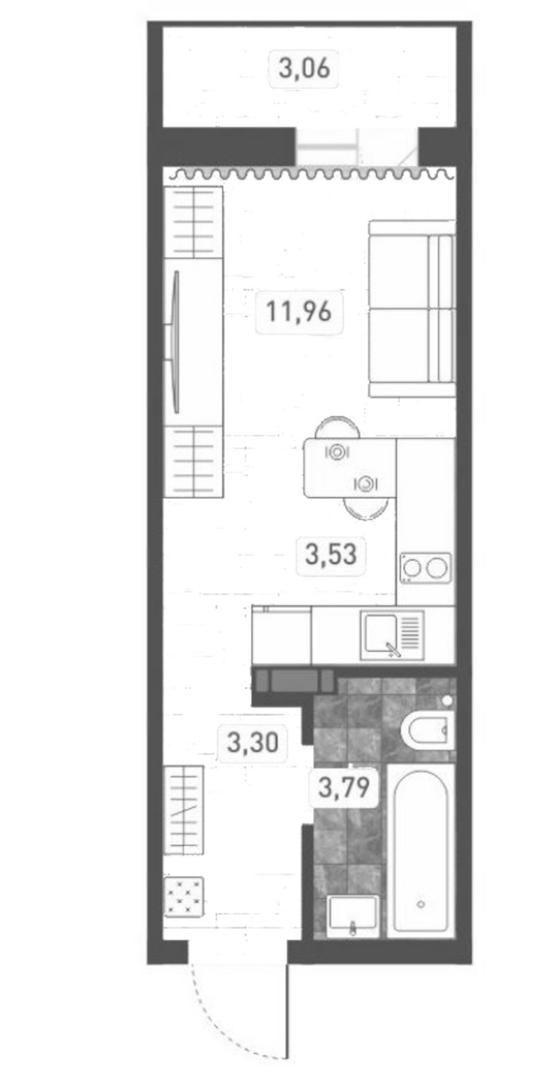 Планировка студии 22.58 м² в ЖК «Радуга Сибири»