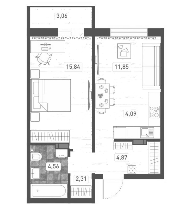 Планировка 2е-к. квартира 43.52 м² в ЖК «Радуга Сибири»