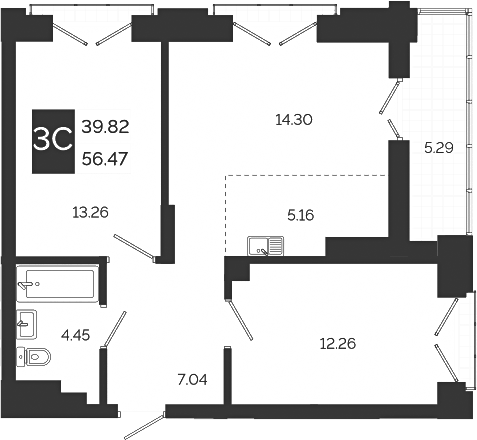 Планировка 3е-к.кв 56.47 м² в ЖК «Авторский квартал»