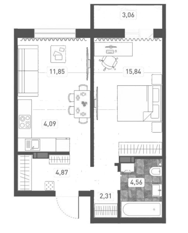 Планировка 2е-к. квартира 43.52 м² в ЖК «Радуга Сибири»