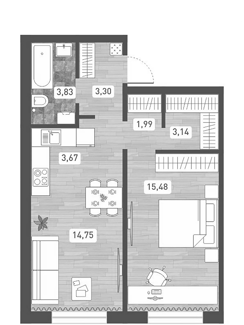 Планировка 2е-к. квартира 46.16 м² в ЖК «Радуга Сибири»