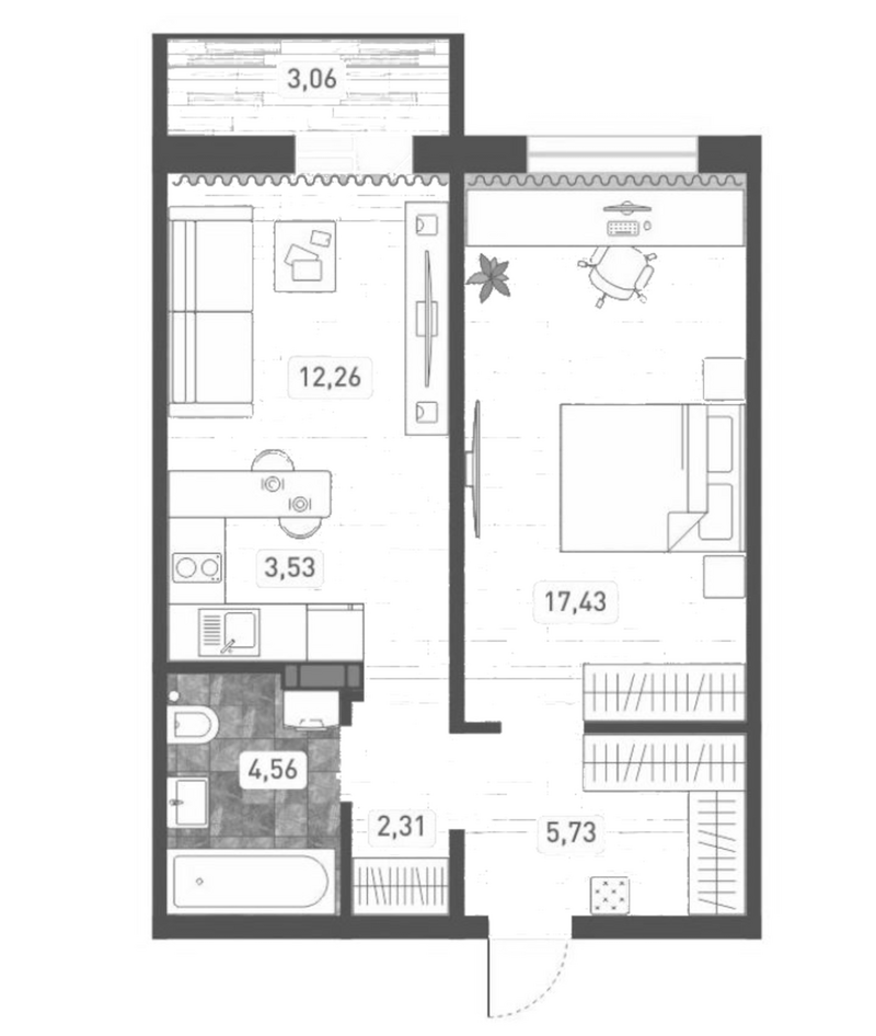 Планировка 2е-к. квартира 45.82 м² в ЖК «Радуга Сибири»