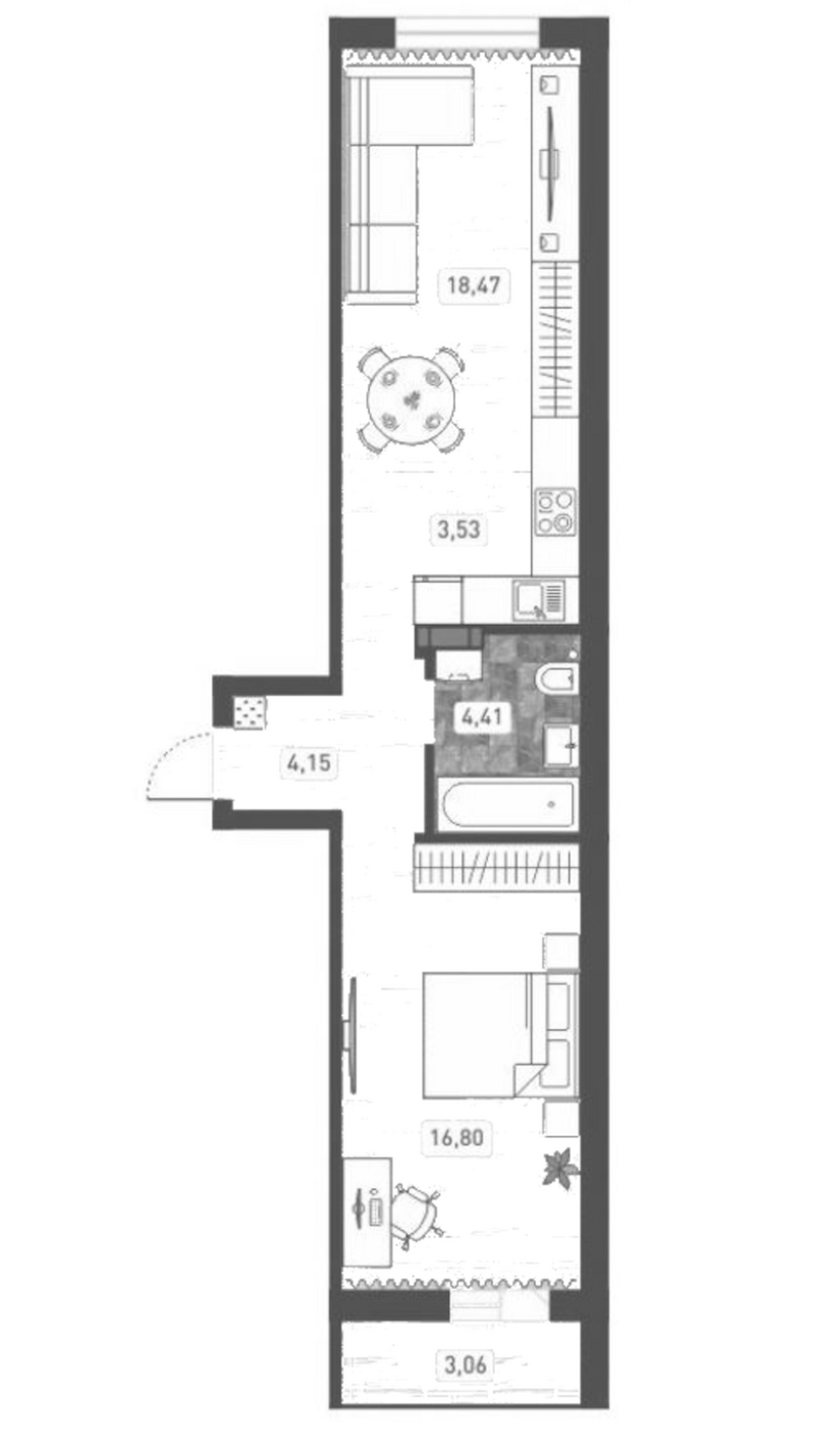Планировка 2е-к. квартира 47.36 м² в ЖК «Радуга Сибири»