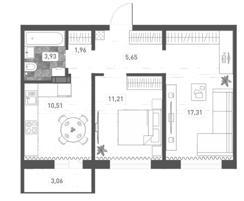 Планировка 2-к. квартира 50.57 м² в ЖК «Радуга Сибири»