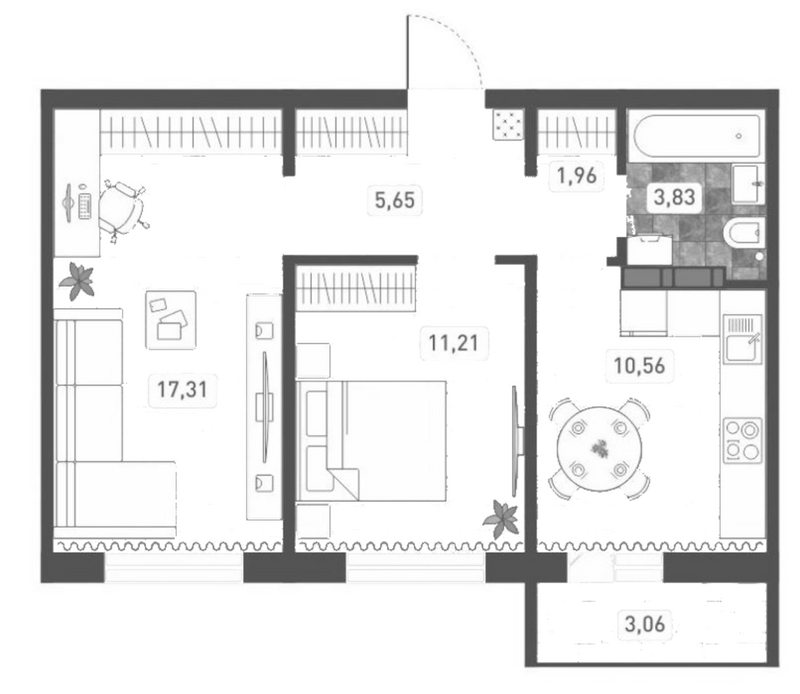 Планировка 2-к. квартира 50.52 м² в ЖК «Радуга Сибири»