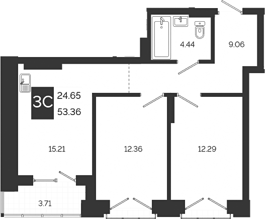 Планировка 3е-к.кв 53.36 м² в ЖК «Авторский квартал»