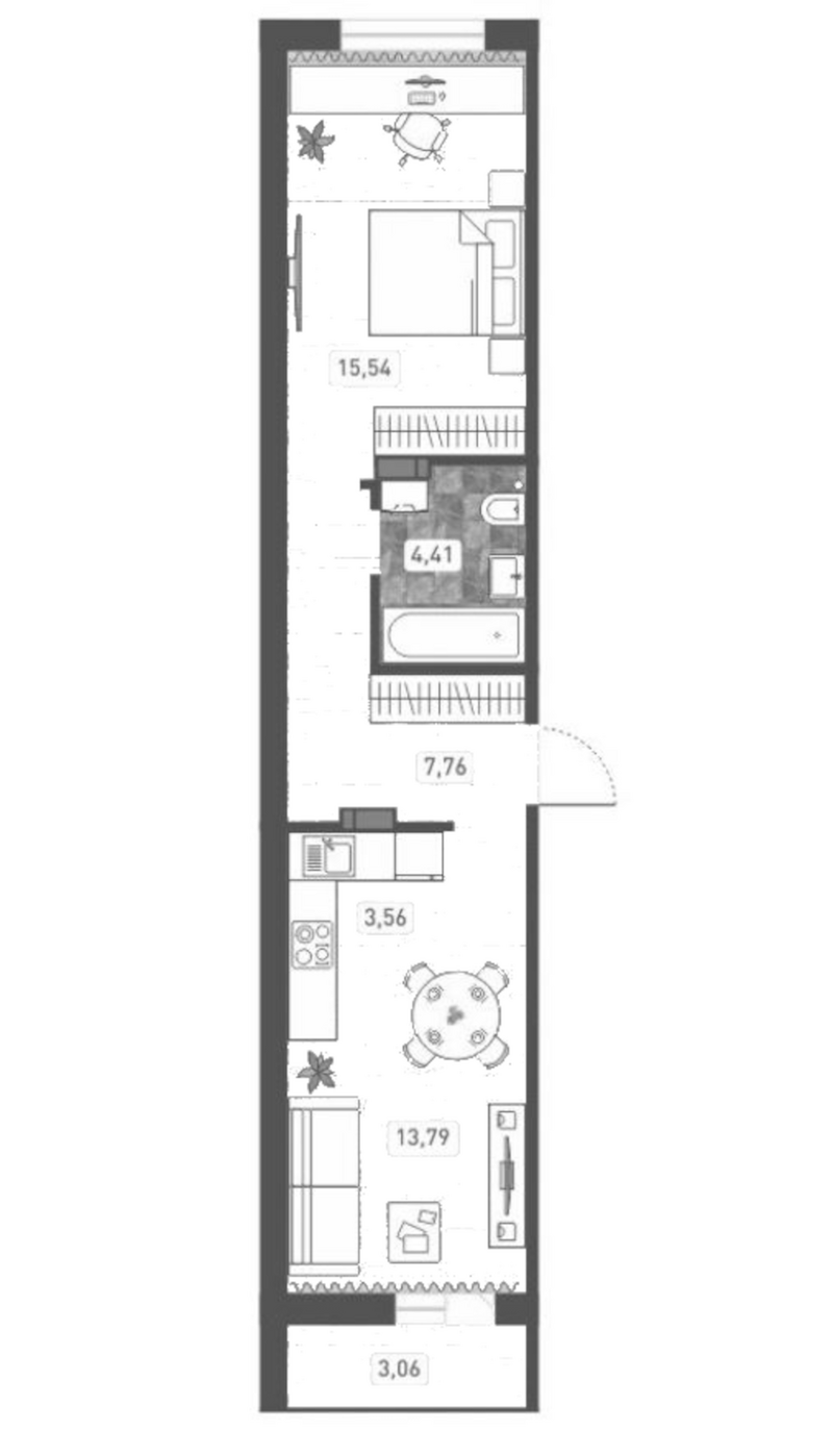 Планировка 2е-к. квартира 45.06 м² в ЖК «Радуга Сибири»